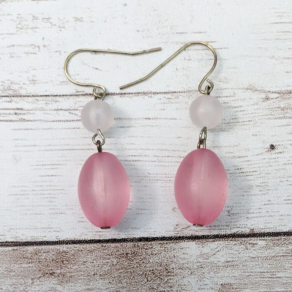 Vintage Hook Dangle Earrings For Pierced Ears - Pink & Frosted Bead Dangle